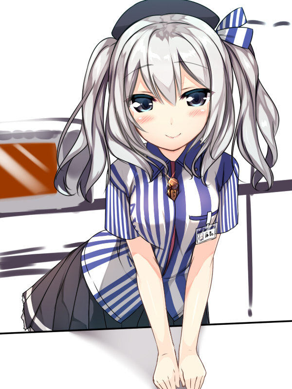 beret blue_eyes blush employee_uniform hat kantai_collection kashima_(kantai_collection) lawson long_hair looking_at_viewer name_tag pleated_skirt shirt silver_hair skirt smile solo striped striped_shirt twintails uniform usume_shirou vertical-striped_shirt vertical_stripes