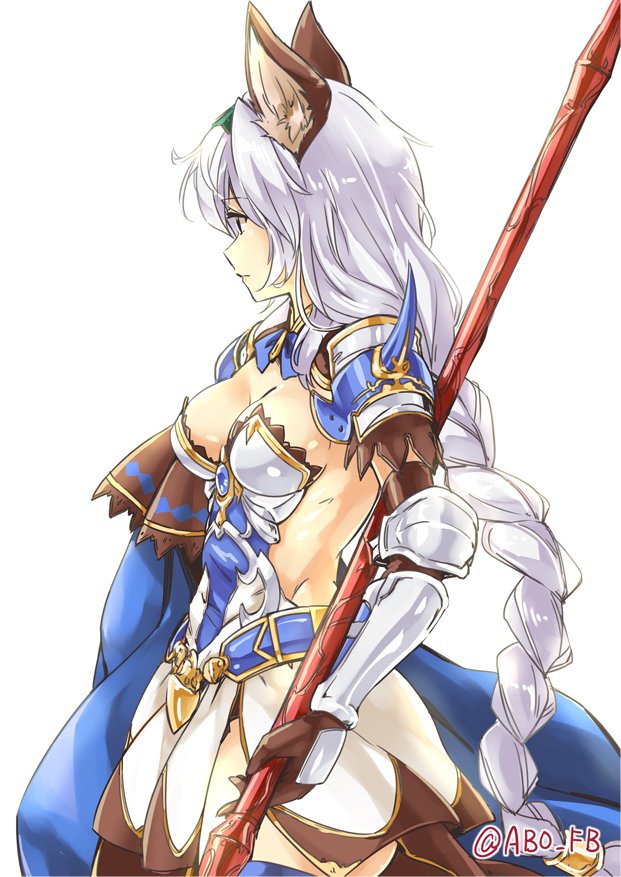 abo_(hechouchou) animal_ears armor armored_dress backless_dress backless_outfit bangs bare_back belt braid breasts brooch cape cleavage cowboy_shot cowter detached_collar dress epaulettes erune expressionless eyebrows eyebrows_visible_through_hair gauntlets granblue_fantasy hair_between_eyes headband heles holding holding_weapon jewelry long_hair looking_away medium_breasts polearm profile revealing_clothes short_dress shoulder_armor shoulder_spikes side_slit sideboob sidelocks silver_hair single_braid solo spaulders spear spikes strapless strapless_dress thighhighs thighs twitter_username vambraces very_long_hair weapon zettai_ryouiki