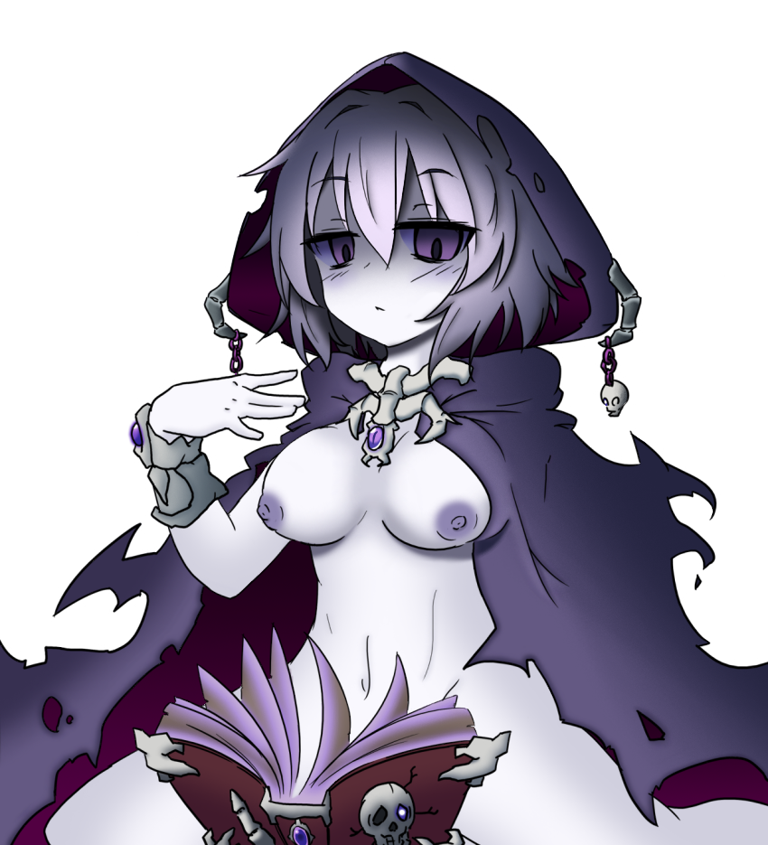 1girl artist_request book breasts cloak gothic hair_between_eyes hood jewelry lich lich_(mamono_girl_lover) lich_(monster_girl_encyclopedia) looking_at_viewer mamono_girl_lover monochrome monster_girl monster_girl_encyclopedia naked_cloak navel nipples pale_skin photoshop purple_eyes purple_nipples short_hair silver_hair solo syannhai-doll undead