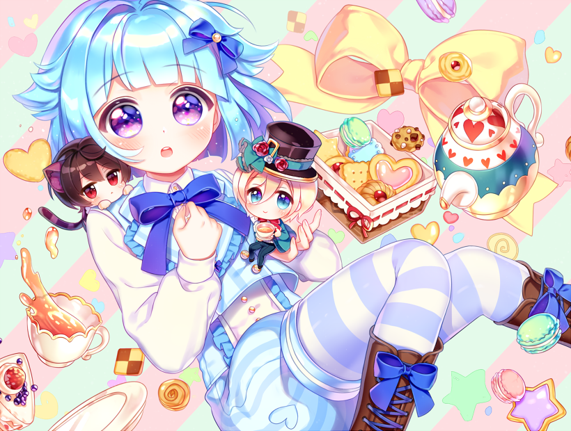 :&gt; alice_(wonderland) alice_(wonderland)_(cosplay) alice_in_wonderland animal_ears blush boots cat_ears cat_tail cheshire_cat cheshire_cat_(cosplay) chibi cookie cosplay cup ensemble_stars! food hair_ribbon haruya_(lajoon) hat macaron mad_hatter mad_hatter_(cosplay) male_focus multiple_boys pantyhose ribbon sakuma_ritsu shino_hajime striped striped_legwear tail tea teacup tenshouin_eichi top_hat