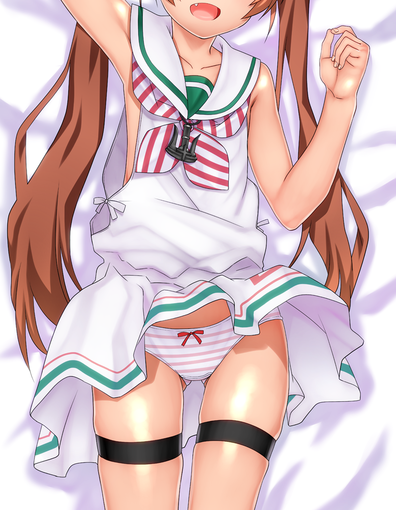 blush bow bow_panties brown_hair dakimakura dress fang head_out_of_frame kantai_collection libeccio_(kantai_collection) long_hair lying okina_ika on_back open_mouth panties sailor_dress sleeveless smile solo striped striped_panties twintails underwear