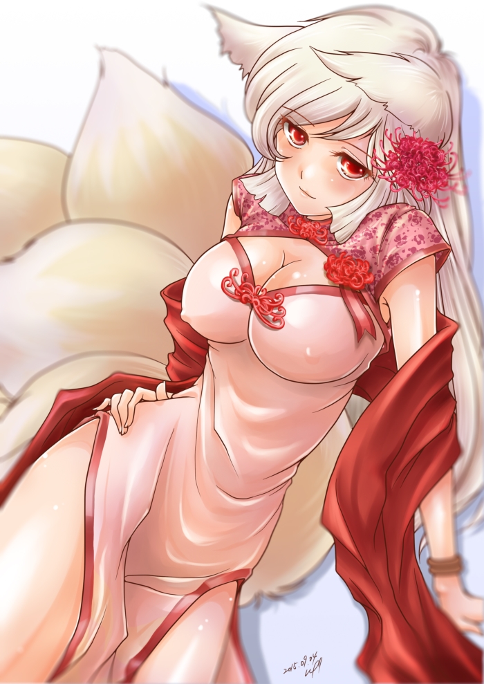 2015 albino animal_ears breasts chengshu china_dress chinese_clothes cleavage covered_nipples dated dress flower flower_knight_girl fox_ears fox_tail hair_flower hair_ornament higanbana_(flower_knight_girl) large_breasts long_hair looking_at_viewer multiple_tails object_namesake pink_dress red_eyes sash signature smile solo spider_lily tail white_background white_hair