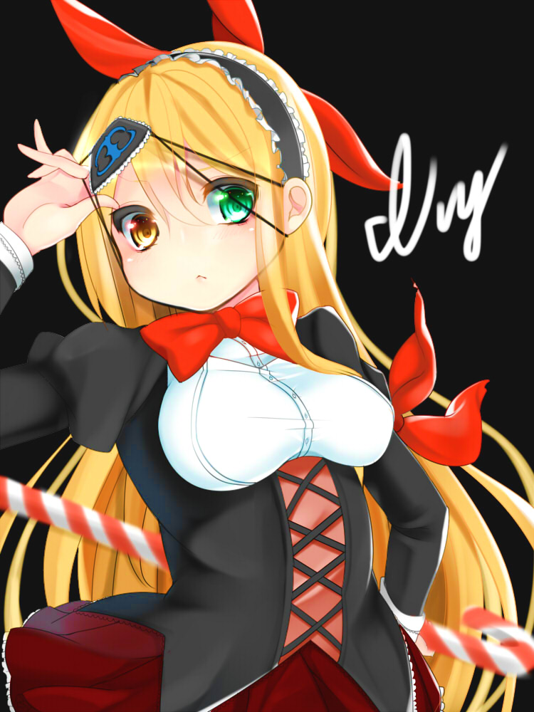 black_background blonde_hair bow candy candy_cane character_name chuunibyou cowboy_shot expressionless eyepatch flower_knight_girl food green_eyes hairband heterochromia impossible_clothes ivy_(flower_knight_girl) kkmm_0216 long_hair looking_at_viewer meme_attire red_bow red_skirt skirt solo underbust virgin_killer_outfit yellow_eyes