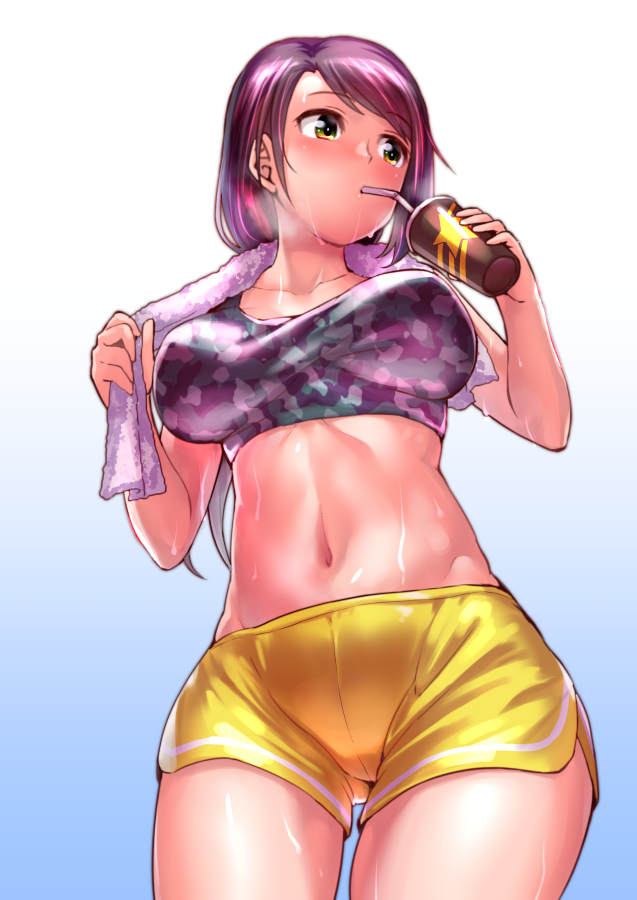 bangs blue_background breasts camouflage camouflage_tank_top collarbone cowboy_shot crop_top cup drinking drinking_straw eyebrows eyebrows_visible_through_hair from_below gradient gradient_background groin gym_shorts holding holding_cup idolmaster idolmaster_cinderella_girls large_breasts legs_apart looking_away midriff mouth_hold navel ono_misao purple_hair shorts solo star star_print stomach swept_bangs tank_top toned towel towel_around_neck yamato_aki yellow_eyes yellow_shorts