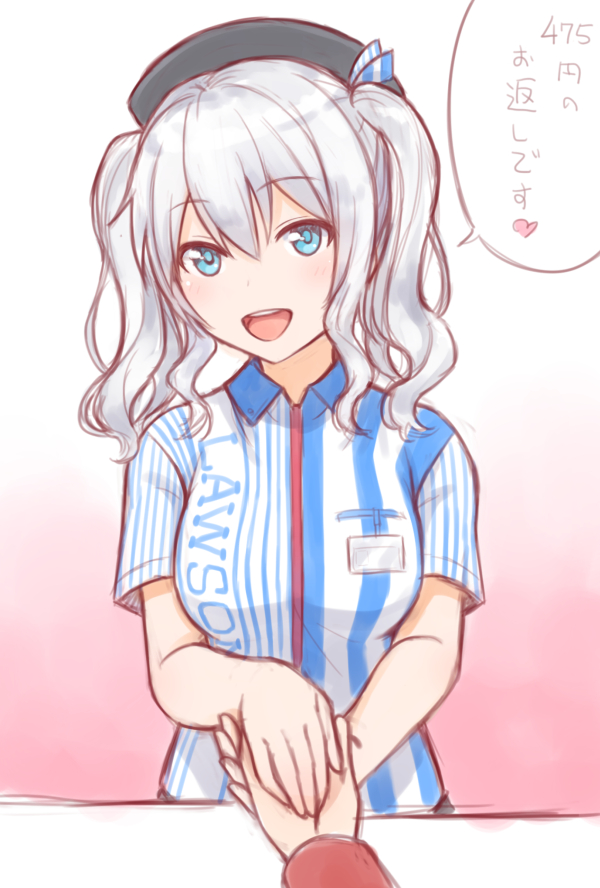 beret blue_eyes commentary_request employee_uniform ha-ru hat holding_hands kantai_collection kashima_(kantai_collection) lawson long_hair out_of_frame pov pov_hands silver_hair smile solo_focus translated two_side_up uniform