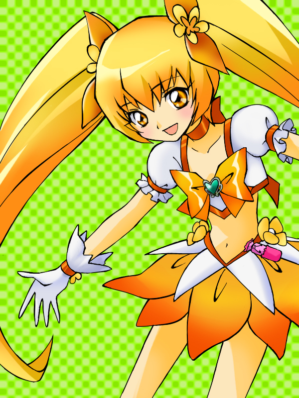 blonde_hair boots bow checkered checkered_background choker cure_sunshine green_background hair_ribbon hamutarou heartcatch_precure! long_hair magical_girl midriff myoudouin_itsuki orange_bow orange_choker orange_skirt precure ribbon skirt solo twintails very_long_hair yellow_bow yellow_eyes