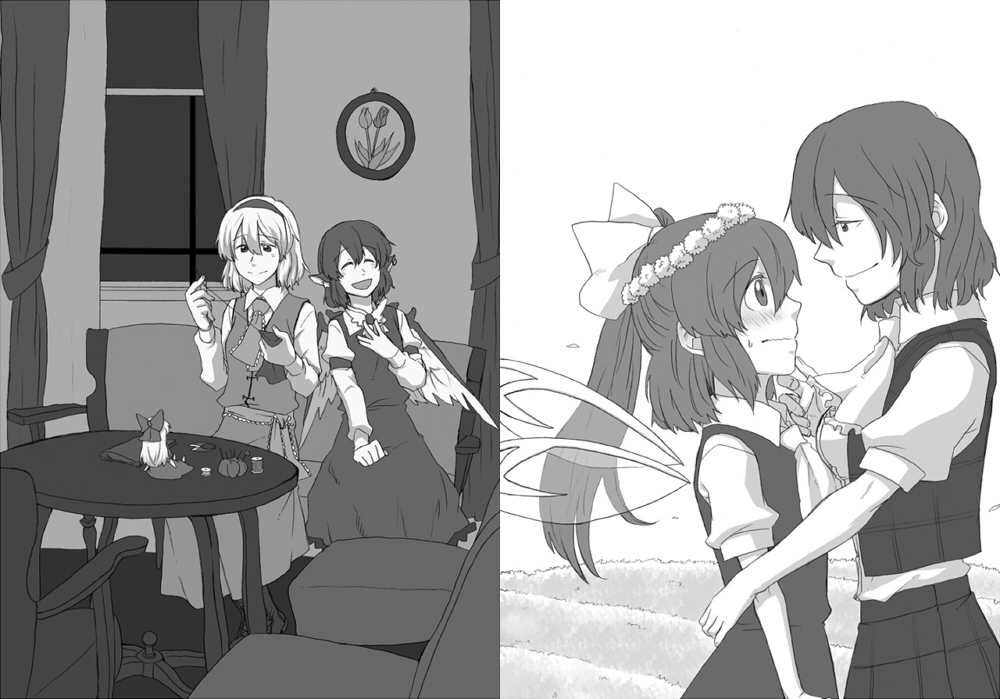 alice_margatroid ascot blush chair chin_grab couch curtains daiyousei doll eye_contact fairy_wings flower greyscale head_wreath holding_needle kazami_yuuka laughing living_room looking_at_another monochrome multiple_girls mystia_lorelei needle nervous plaid plaid_skirt plaid_vest sewing shanghai_doll side_ponytail skirt skirt_set smile table thread torinone touhou vest window wing_ears wings yuri