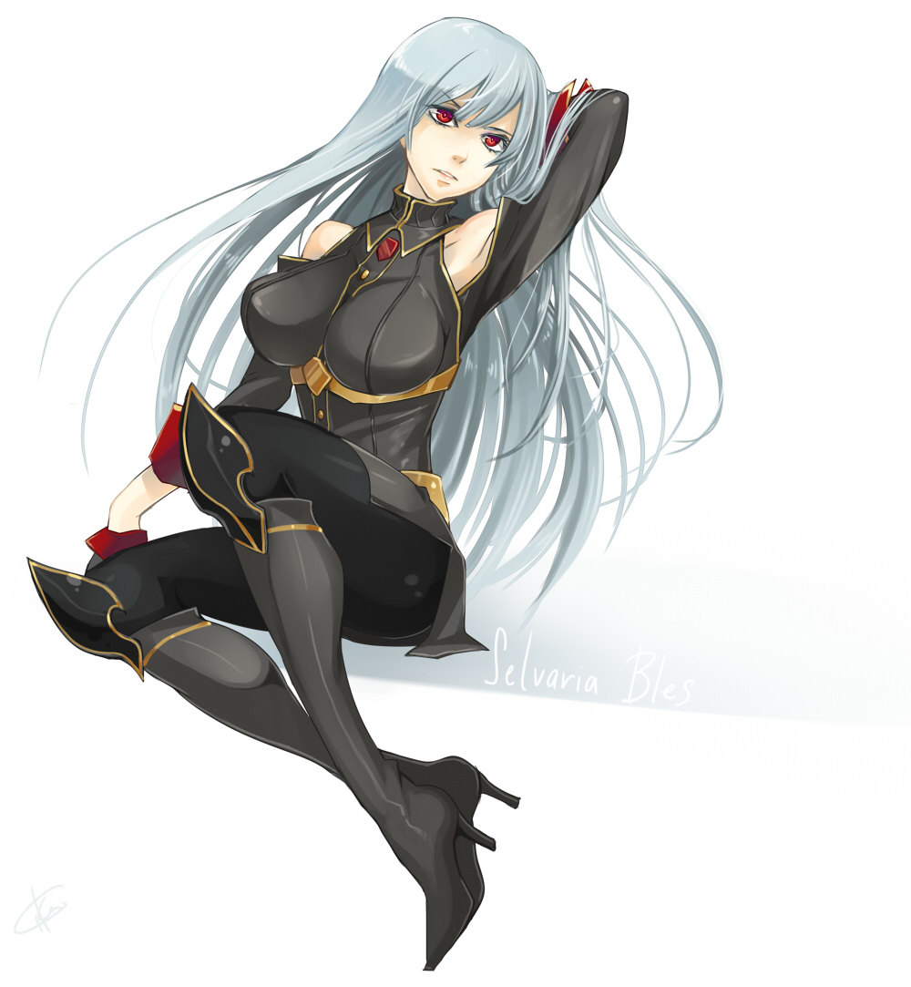boots breasts cika detached_sleeves full_body gloves hand_behind_head high_heels knee_boots large_breasts long_hair military military_uniform pantyhose red_eyes selvaria_bles senjou_no_valkyria senjou_no_valkyria_1 shoes silver_hair simple_background sitting solo uniform very_long_hair