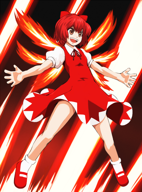 achi_cirno alternate_color alternate_element atomic-ray bad_id bad_pixiv_id bow cirno fiery_wings fire hair_bow m.u.g.e.n red_eyes red_hair short_hair solo touhou wings