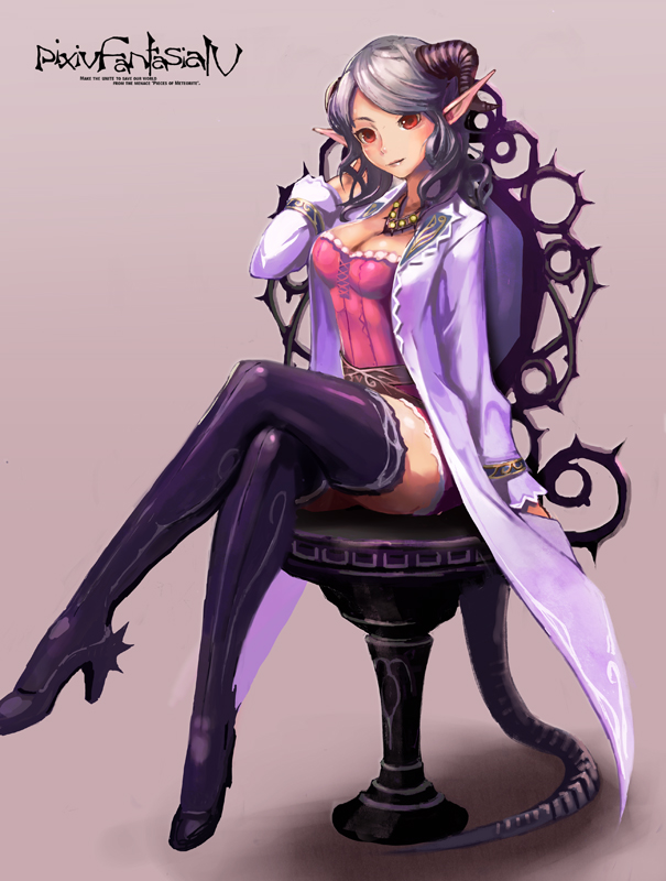 bad_id bad_pixiv_id boots breasts chair cleavage crossed_legs demon_girl high_heels horns jewelry kawa_akira large_breasts legs long_hair long_legs necklace pixiv_fantasia pixiv_fantasia_4 pointy_ears red_eyes shoes silver_hair sitting solo succubus tail thigh_boots thighhighs thighs