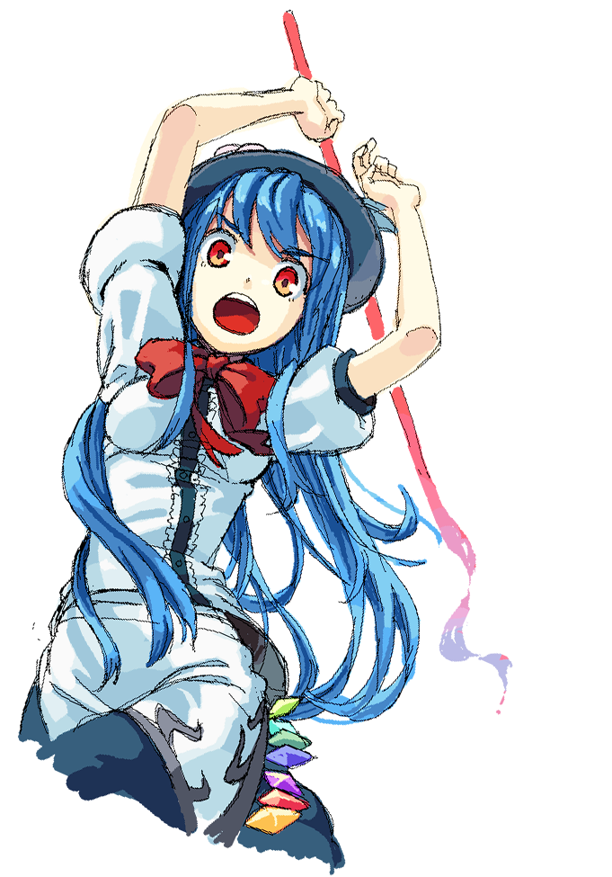 :o arms_up blue_hair hinanawi_tenshi itsutsu long_hair red_eyes sketch solo sword sword_of_hisou touhou v-shaped_eyebrows weapon white_background