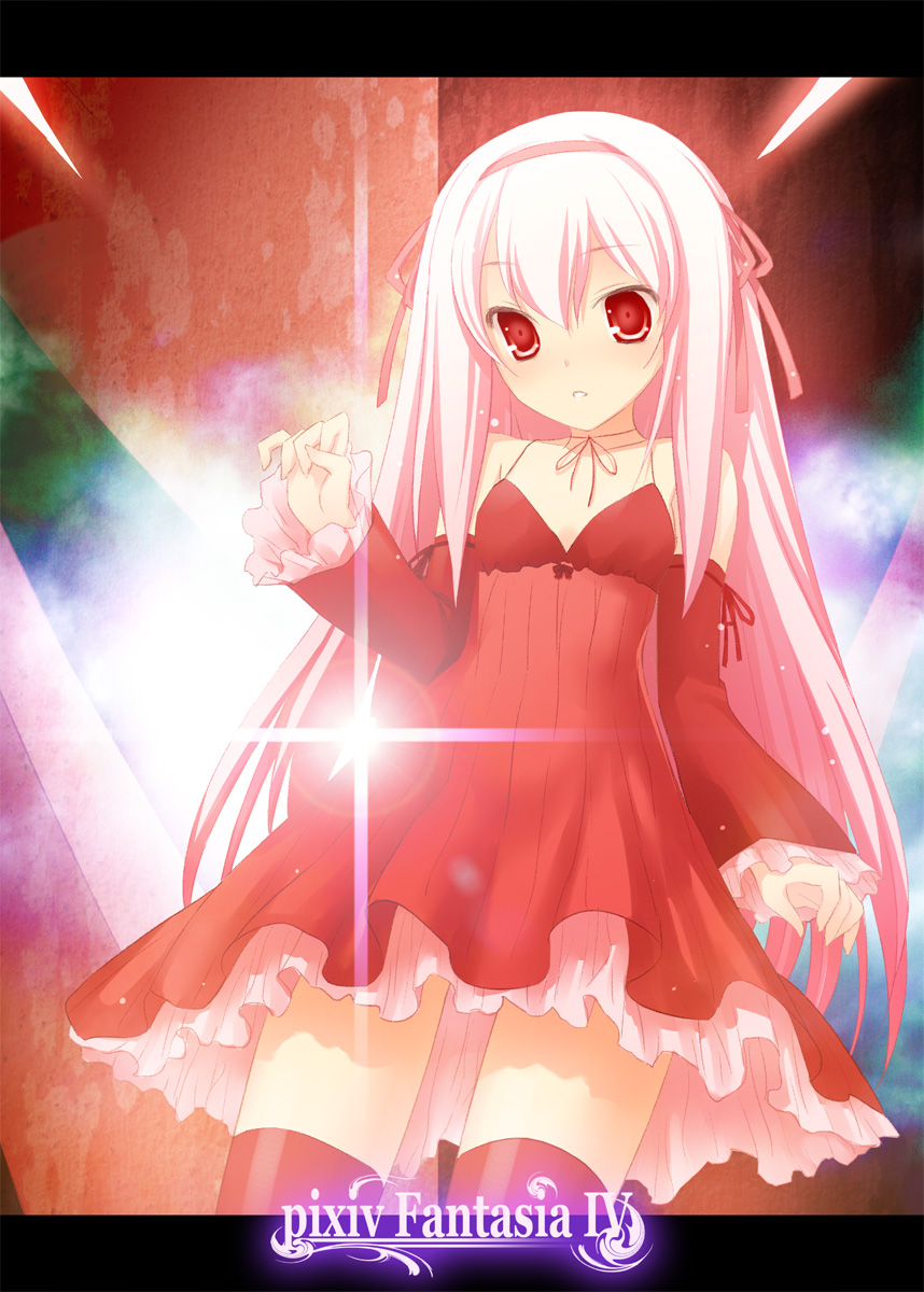 47agdragon bare_shoulders dress flat_chest hair_ribbon highres lens_flare pixiv_fantasia pixiv_fantasia_4 red_eyes ribbon solo thighhighs white_hair