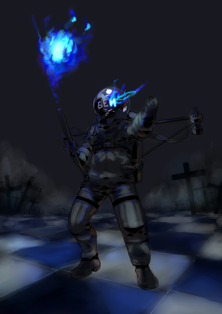 black_rock_shooter_(character) crossover fire flame flamethrower fusion gloves helmet highres metal_gear_(series) metal_gear_solid metal_gear_solid_3 parody raku solo the_fury weapon
