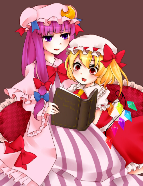 :d bad_id bad_pixiv_id blonde_hair book bow crescent demon_wings dress flandre_scarlet hair_ribbon hat multiple_girls neko-san_(dim.dream) open_mouth patchouli_knowledge purple_hair reading red_eyes ribbon sitting smile touhou wings