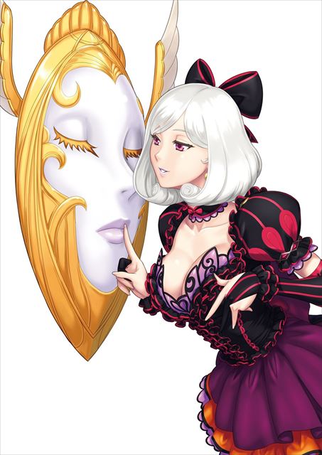breasts detached_collar detached_sleeves earrings eiwa elbow_gloves gloves hair_ornament hair_ribbon jewelry jpeg_artifacts juliet_sleeves large_breasts long_sleeves pleated_skirt puffy_sleeves purple_eyes queen's_blade queen's_blade_grimoire ribbon simple_background skirt smile snow_white snow_white_(queen's_blade) solo white_background white_hair