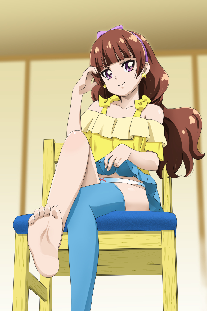 amanogawa_kirara barefoot blue_legwear brown_hair crossed_legs earrings go!_princess_precure hairband jewelry long_hair looking_at_viewer nekomimi_kanon panties precure purple_eyes single_thighhigh sitting skirt skirt_lift smile solo star star_earrings textless thighhighs underwear