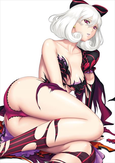 ass bare_shoulders breasts detached_collar earrings eiwa hair_ornament hair_ribbon jewelry juliet_sleeves large_breasts long_sleeves looking_at_viewer panties puffy_sleeves purple_eyes queen's_blade queen's_blade_grimoire ribbon shirt simple_background snow_white snow_white_(queen's_blade) solo torn_clothes torn_panties torn_shirt underwear white_hair