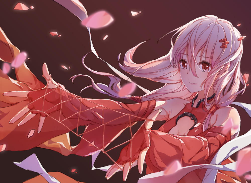 bare_shoulders breasts cat's_cradle catin center_opening cleavage commentary_request detached_sleeves elbow_gloves fingerless_gloves gloves guilty_crown hair_ornament hairclip long_hair pink_hair red_eyes small_breasts solo string twintails yuzuriha_inori