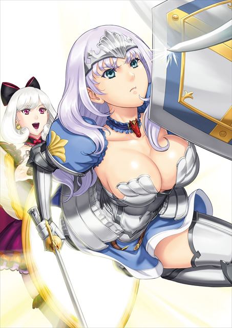 annelotte armor armored_dress blue_eyes breasts cleavage detached_collar eiwa gauntlets hair_ornament hair_ribbon juliet_sleeves large_breasts lavender_hair long_hair long_sleeves multiple_girls open_mouth pleated_skirt puffy_sleeves purple_eyes queen's_blade queen's_blade_grimoire ribbon shield simple_background skirt smile snow_white snow_white_(queen's_blade) sword thighhighs tiara weapon white_hair