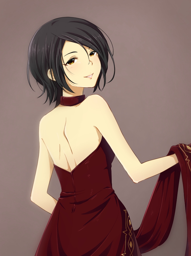 bare_shoulders black_hair brown_background cowboy_shot dress from_behind idolmaster idolmaster_cinderella_girls koiwai_ringo looking_at_viewer looking_back red_ballad sash short_hair simple_background sleeveless sleeveless_dress smile solo tougou_ai yellow_eyes