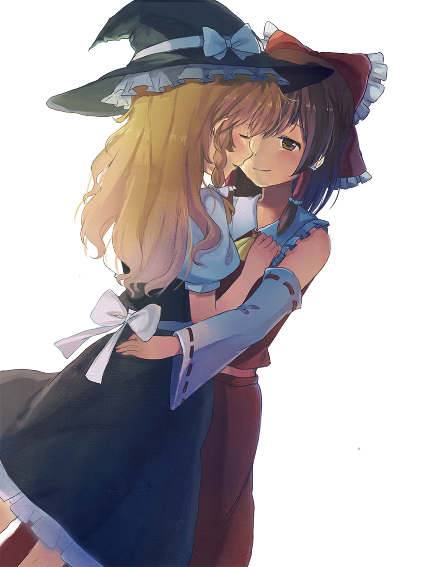 ascot blonde_hair blush bow braid brown_eyes brown_hair chokokorone_(artist) commentary couple detached_sleeves dress hair_bow hair_tubes hakurei_reimu hand_on_another's_back hand_on_ass hands_on_another's_chest happy hat hug imminent_kiss kirisame_marisa long_hair lovestruck multiple_girls noses_touching sash single_braid smile touhou witch_hat yuri