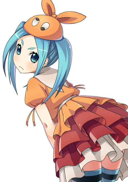 aqua_hair dress green_eyes hat monogatari_(series) ninomae_ichijiku nisemonogatari ononoki_yotsugi short_hair solo striped striped_legwear twintails