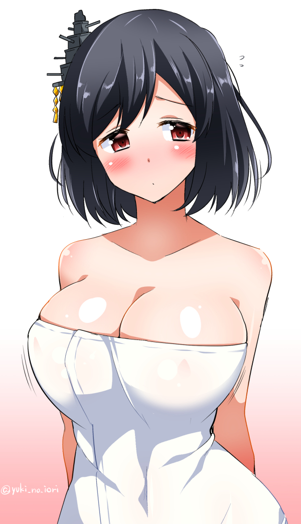 black_hair blush breasts cleavage collarbone embarrassed hair_between_eyes hair_ornament huge_breasts kantai_collection looking_to_the_side naked_towel off_shoulder pouty_lips red_eyes short_hair solo towel yamashiro_(kantai_collection) yuuki_hb