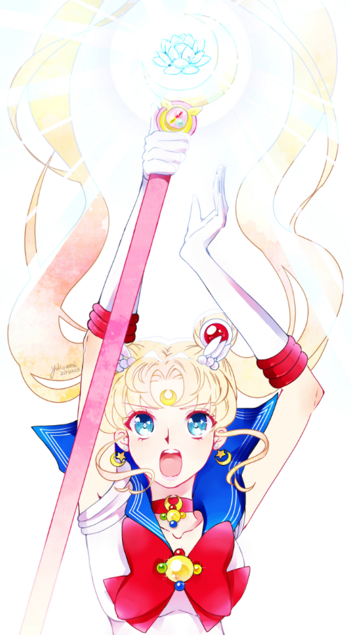 :o arms_up bishoujo_senshi_sailor_moon blonde_hair blue_eyes blue_sailor_collar bow brooch choker crescent dated double_bun earrings elbow_gloves facial_mark forehead_mark gloves hair_ornament hairpin holding holding_wand jewelry long_hair looking_at_viewer maboroshi_no_ginzuishou magical_girl moon_stick red_bow red_choker sailor_collar sailor_moon sailor_senshi_uniform signature solo staff tsukino_usagi twintails upper_body wand white_background white_gloves yukinami_(paru26i)