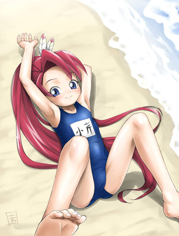 1girl beach blue_eyes child kozeri_ai live_on_cardliver_kakeru mashikodori_(mashidori) ponytail red_hair swimsuit