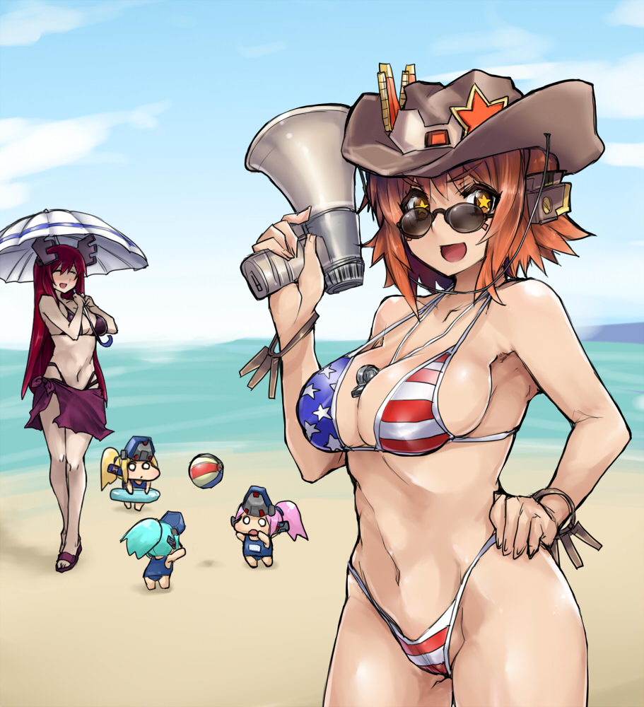 5girls american_flag_bikini aqua_hair ball beach beachball bikini blonde_hair brown_eyes brown_hair chibi colored connie cosmic_break cowboy_hat female flag_print hat highleg highleg_bikini highleg_swimsuit kisrill lazflamme long_hair multiple_girls open_mouth orange_hair outdoors partially_visible_vulva pink_hair red_hair school_swimsuit shiny_skin short_hair skj sky smile swimsuit umbrella