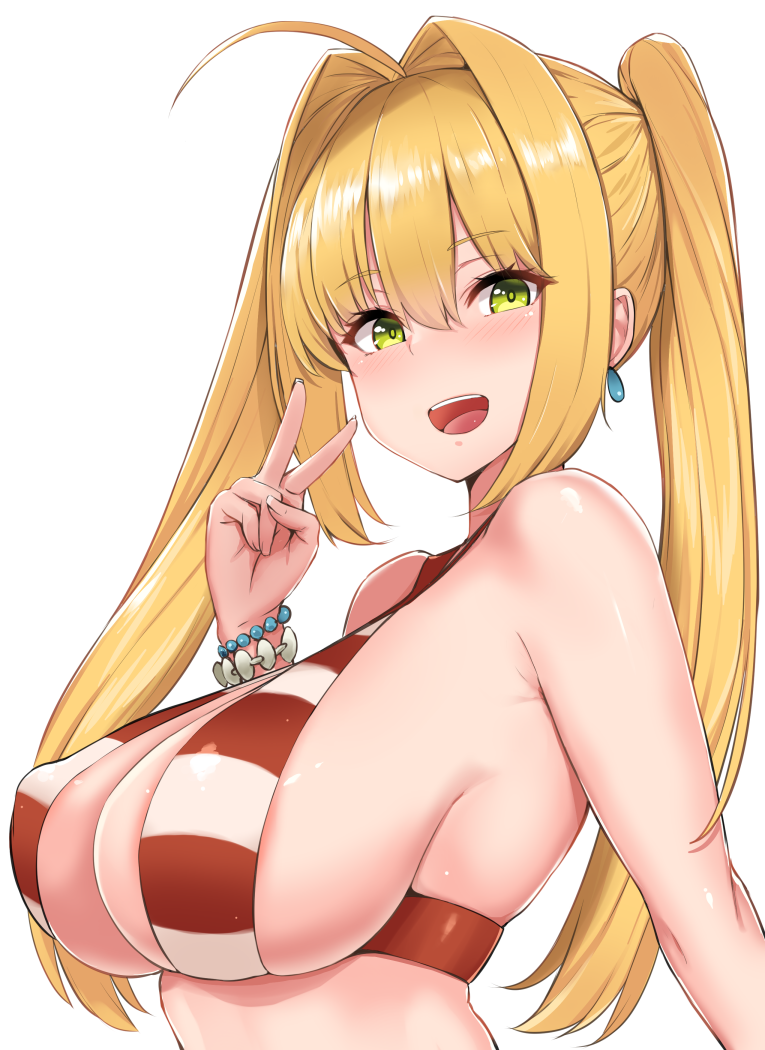 1girl :d ahoge armpit_crease bare_shoulders bead_bracelet beads bikini blonde_hair blush bracelet breasts cleavage commentary_request earrings erect_nipples fate/grand_order fate_(series) green_eyes hair_between_eyes hair_intakes hand_up jewelry large_breasts long_hair looking_at_viewer mitsukazu_(nijigen_complex) nero_claudius_(fate)_(all) nero_claudius_(swimsuit_caster)_(fate) open_mouth red_bikini sideboob sidelocks simple_background smile solo striped striped_bikini swimsuit twintails upper_body v white_background