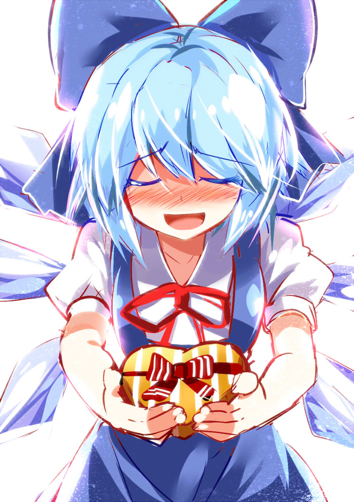 blue_dress blue_hair blush bow box cirno dress e.o. gift gift_box giving hair_bow happy heart-shaped_box ice ice_wings incoming_gift lovestruck open_mouth puffy_short_sleeves puffy_sleeves shirt short_sleeves smile solo touhou wings