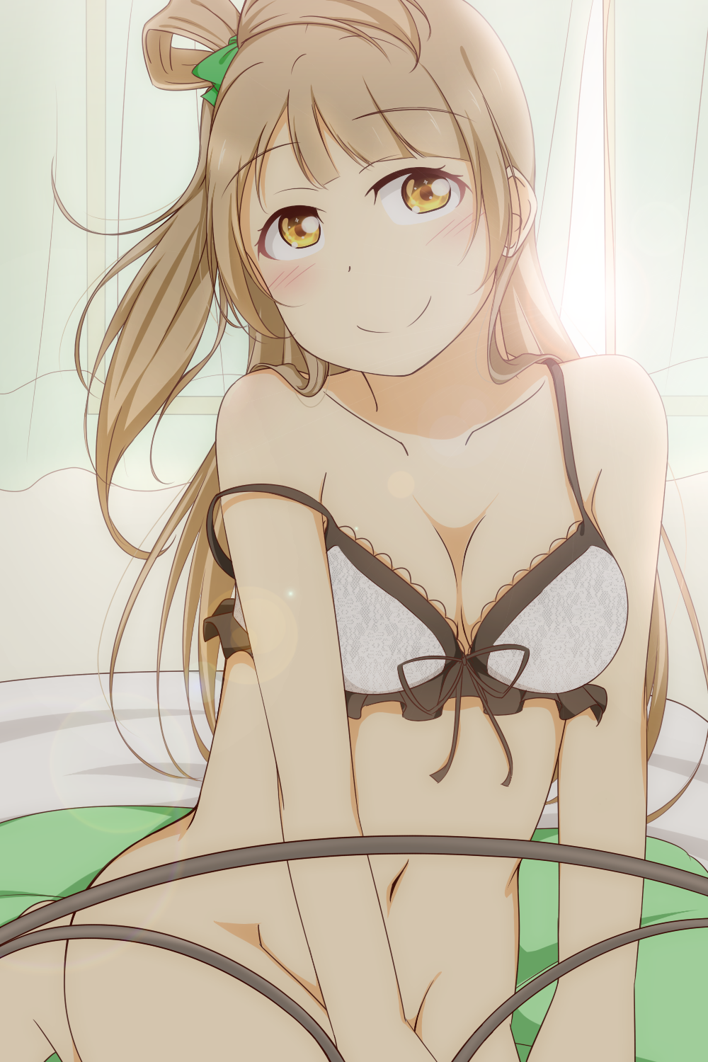 10s 1girl arm_support bed blush bottomless bow bra breasts brown_eyes cleavage convenient_arm convenient_censoring eyebrows_visible_through_hair feitonokesin grey_hair hair_bow indoors long_hair looking_at_viewer love_live! love_live!_school_idol_project medium_breasts minami_kotori navel on_bed side_ponytail smile solo strap_slip tied_hair underwear