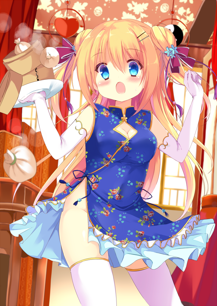 arms_up bad_id bad_pixiv_id blonde_hair blue_eyes blush breasts carrying china_dress chinese_clothes cleavage cleavage_cutout double_bun dress elbow_gloves fang food gloves kujou_danbo long_hair medium_breasts moe2016 no_panties open_mouth original plate ribbon side_slit solo thighhighs thighs two_side_up very_long_hair white_legwear wind wind_lift