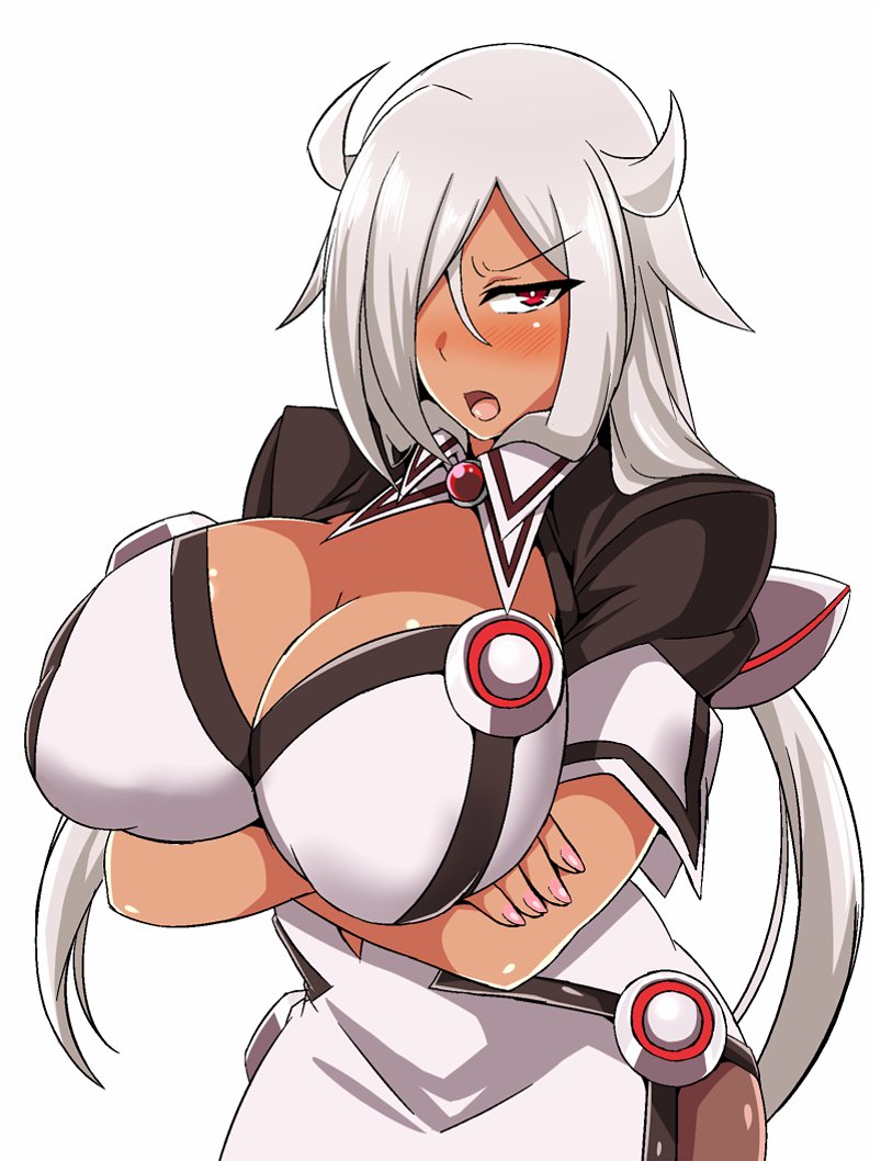 breasts dark_skin hacka_doll hacka_doll_0 huge_breasts long_hair nega96396 open_mouth red_eyes solo white_hair