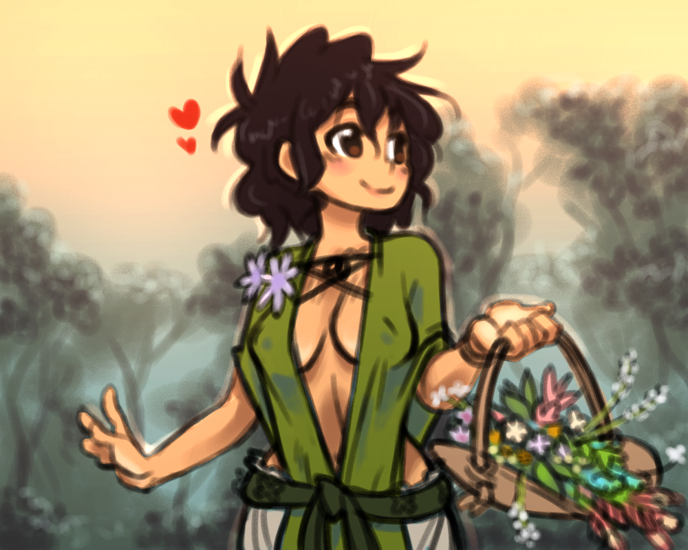 basket belt black_hair breasts brown_eyes cleavage covered_nipples cowboy_shot flower forest heart jason_robinson looking_away looking_to_the_side medium_breasts messy_hair nature original outdoors smile solo twilight