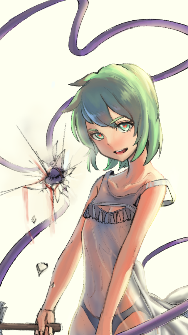 blood broken cleavage_cutout eyeball green_eyes green_hair hammer heart heart-shaped_pupils komeiji_koishi looking_at_viewer nightgown no_hat no_headwear off_shoulder open_mouth panties see-through short_hair simple_background sleeveless smile solo string symbol-shaped_pupils third_eye tmtl_aos touhou underwear upper_body white_background