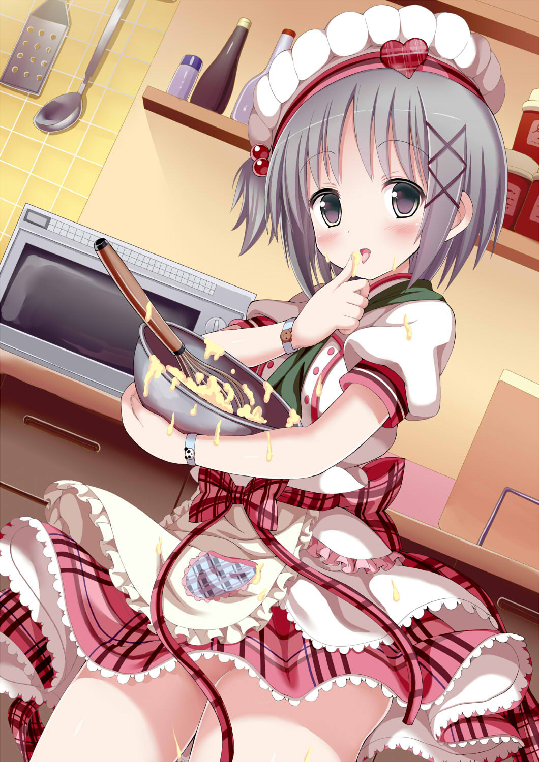 blush bowl chef_hat commentary_request cowboy_shot dress finger_licking food food_on_clothes food_on_face givuchoko grey_eyes grey_hair hat highres kitchen layered_dress licking microwave mixing_bowl moe2016 one_side_up open_mouth original puffy_short_sleeves puffy_sleeves revision short_sleeves silver_hair solo spilling tasting thighs tongue tongue_out whisk wrist_cuffs