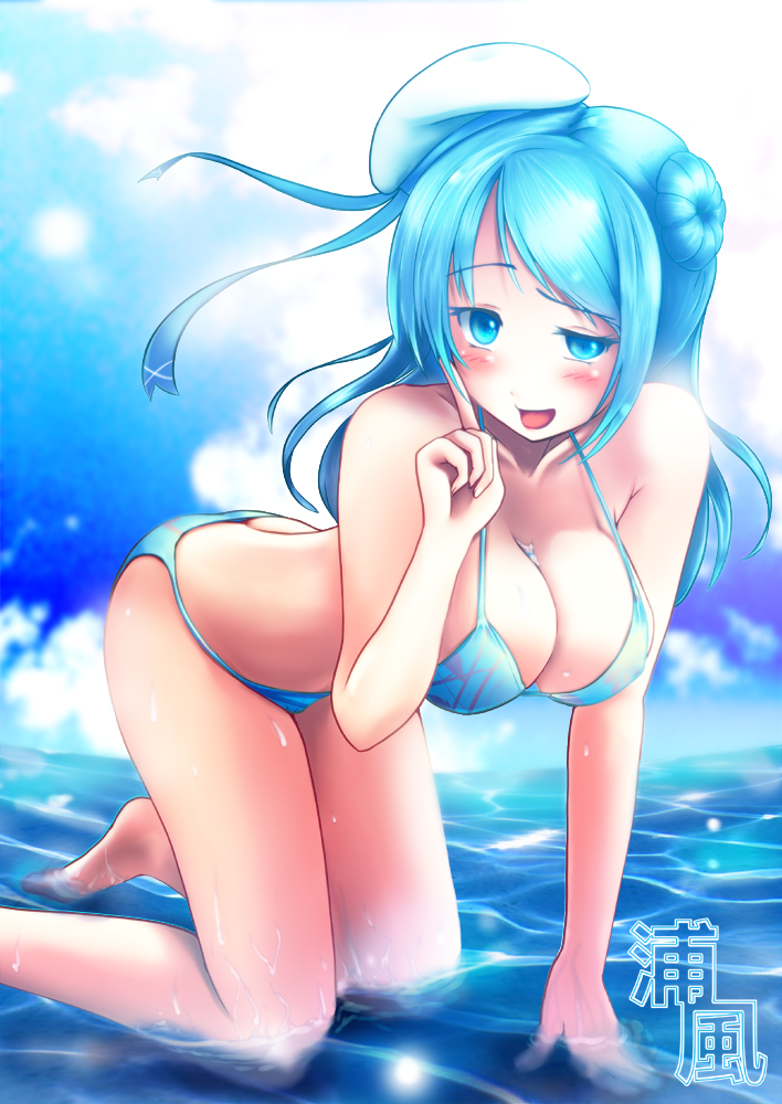 bikini blue_eyes blue_hair breasts cleavage double_bun frey hat kantai_collection kneeling large_breasts looking_at_viewer open_mouth partially_submerged solo swimsuit urakaze_(kantai_collection) water white_hat