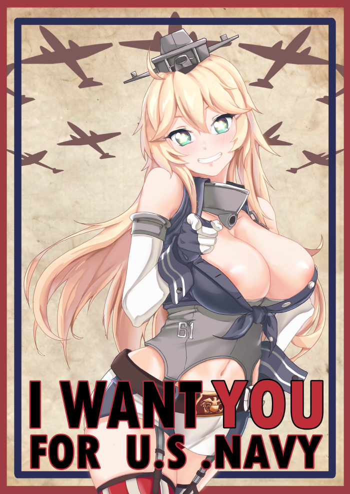 areola_slip areolae blonde_hair blue_eyes breasts english garter_straps headgear i_want_you iowa_(kantai_collection) kantai_collection large_breasts long_hair miniskirt parody poster propaganda skirt smile solo star star-shaped_pupils symbol-shaped_pupils thighhighs uncle_sam yamerun