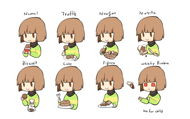 bon_bon bread brown_eyes brown_hair butter_knife cake candy chara_(undertale) chocolate chocolate_bar chocolate_cake chocolate_covered chocolate_tart commentary english food misha_(hoongju) multiple_views nougat nutella red_eyes scarf shirt spoilers striped striped_shirt taking undertale