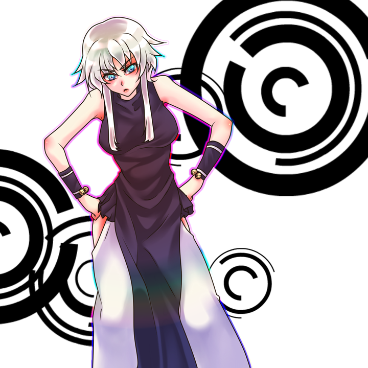 aner_rolange blue_eyes frown hands_on_hips m.u.g.e.n silver_hair simple_background sleeveless solo tobi_(discharge_cycle) wristband