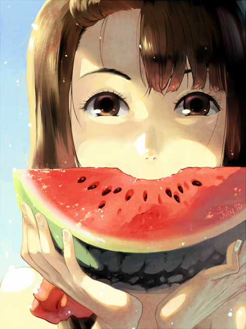 brown_eyes brown_hair food fruit hands holding holding_food holding_fruit juby original portrait solo watermelon