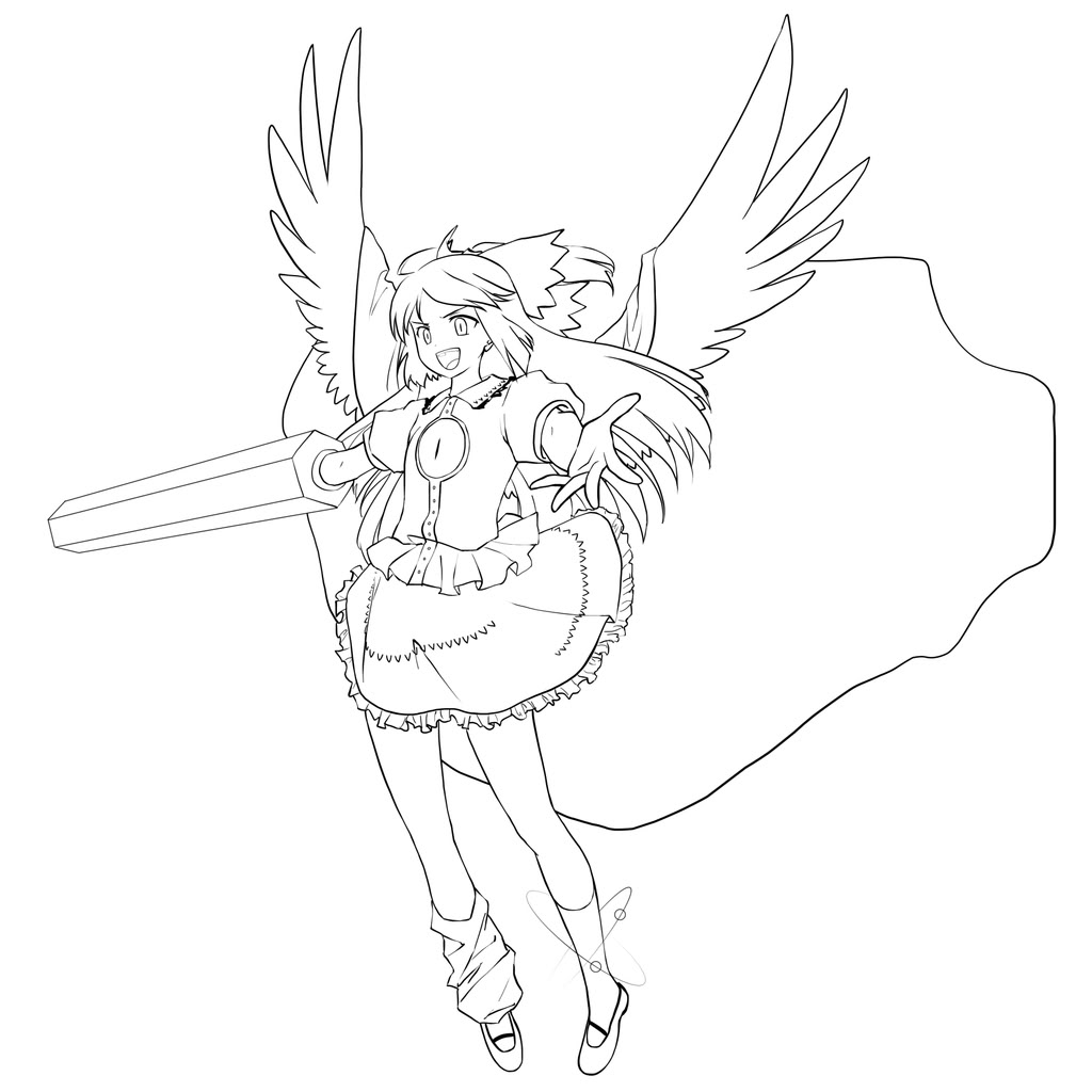 artist_request asymmetrical_legwear azuma_shoujuan bow cannon dress eyeball flying full_body greyscale hair_bow mary_janes monochrome non-web_source outstretched_arm reiuji_utsuho shoes short_sleeves simple_background socks solo third_eye touhou white_background wings