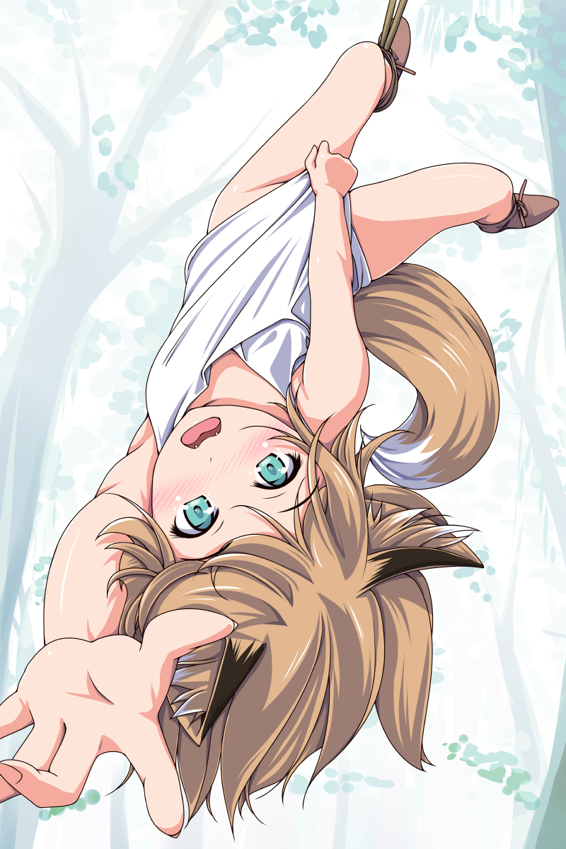 animal_ears aqua_eyes arm_up blush boots bound breasts brown_hair dress dress_tug embarrassed eyebrows_visible_through_hair eyelashes fangs fox_ears fox_tail highres looking_at_viewer matsunaga_kouyou no_panties open_mouth original outdoors palms reaching sleeveless sleeveless_dress small_breasts solo tail tears tied_up tongue tree upside-down white_dress