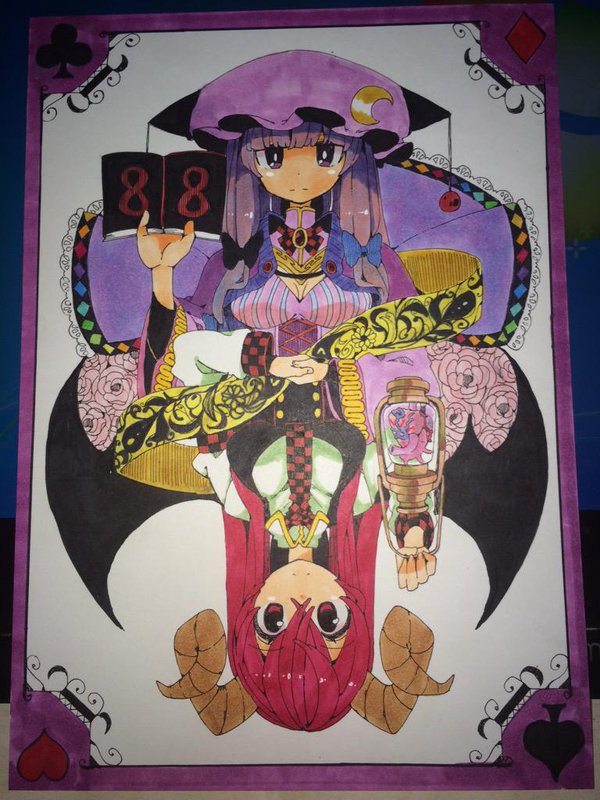 aioi_aoi bangs blunt_bangs book breasts bright_pupils card crescent demon_girl demon_horns demon_wings dress hair_between_eyes hair_ribbon hat heart_(organ) holding holding_book horns koakuma lantern long_hair looking_at_viewer marker_(medium) medium_breasts mob_cap multiple_girls necktie open_book patchouli_knowledge purple_eyes purple_hair red_eyes red_hair ribbon shawl striped striped_dress tarot touhou traditional_media tress_ribbon upside-down white_pupils wide-eyed wings