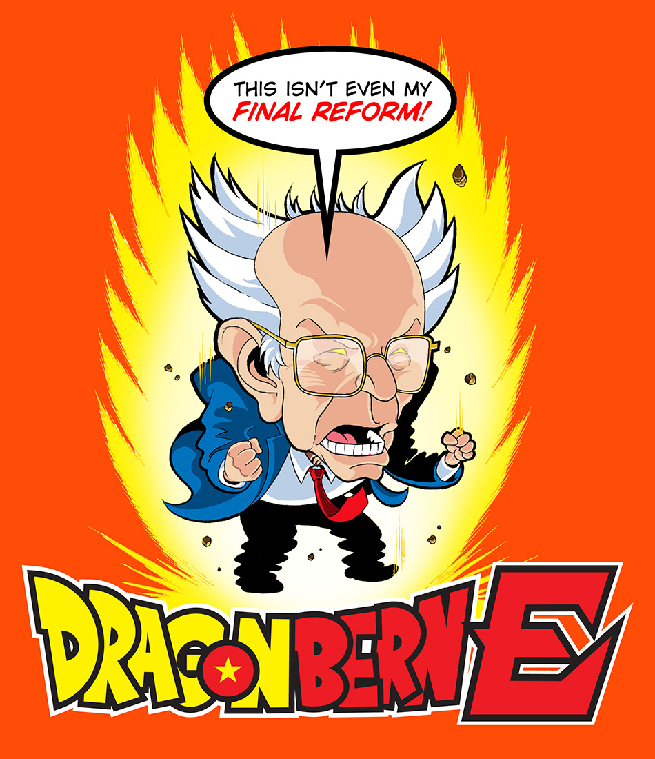 aura bald_spot bernie_sanders character_name clenched_hands copyright_name dragon_ball dragon_ball_z english glasses jason_robinson_(illustration_by_design) male_focus meme necktie old_man open_mouth orange_background parody pun real_life rock simple_background solo squatting white_hair
