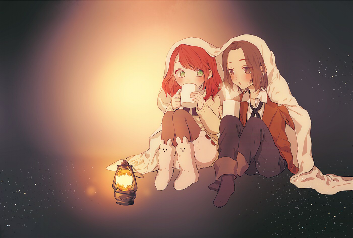 1girl :o animal_band_legwear black_eyes black_pants blush bunny_band_legwear collared_shirt covered_mouth crossed_ankles cup dress_shirt drink drinking gradient green_eyes harry_potter holding holding_cup hood jacket kurosujuu lamp light_particles lily_evans long_hair long_sleeves looking_at_another mug neck_ribbon no_shoes pants pants_rolled_up pantyhose red_hair ribbon severus_snape shared_blanket shirt sitting socks socks_over_pantyhose steam sweater white_shirt younger