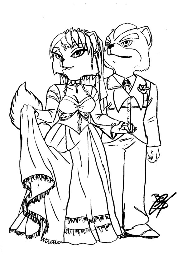 anthro black_nose blackby clothing couple dress duo female fox_mccloud gem hair hair_ornament hand_holding jewelry krystal male monochrome necklace necktie nintendo short_hair signature simple_background smile star_fox suit video_games