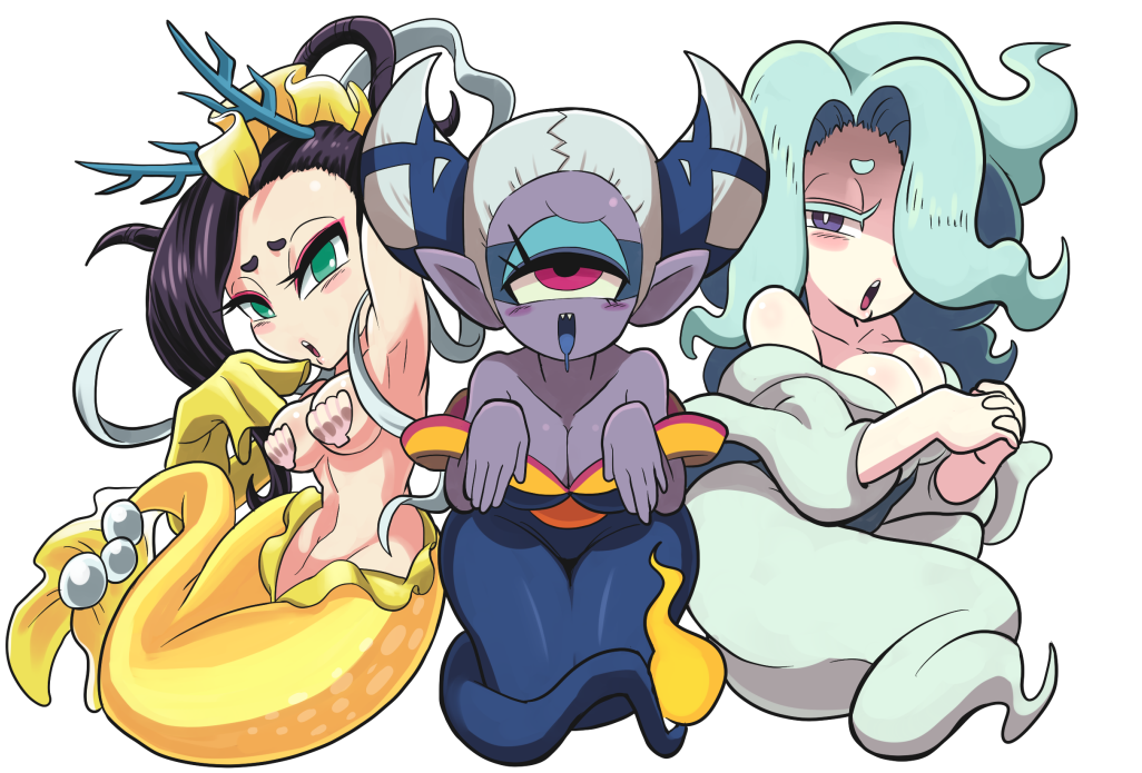 1_eyes 3girls armpits big_breasts blue_eyes blue_hair blush breasts character_request cleavage clothed clothing enraenra enraenra_(youkai_watch) female fuumin_(youkai_watch) gashi-gashi ghost green_eyes group hair humanoid insomni jibanyan looking_at_viewer marine merfolk mermaid monster_girl multiple_girls open_mouth pink_eyes pointy_ears purple_eyes red_eyes saliva seashell_bra sharp_teeth spirit sweat white_hair wide_hips yao_bikuni yaobikuni_(youkai_watch) yellow_eyes yo-kai_watch youkai_watch